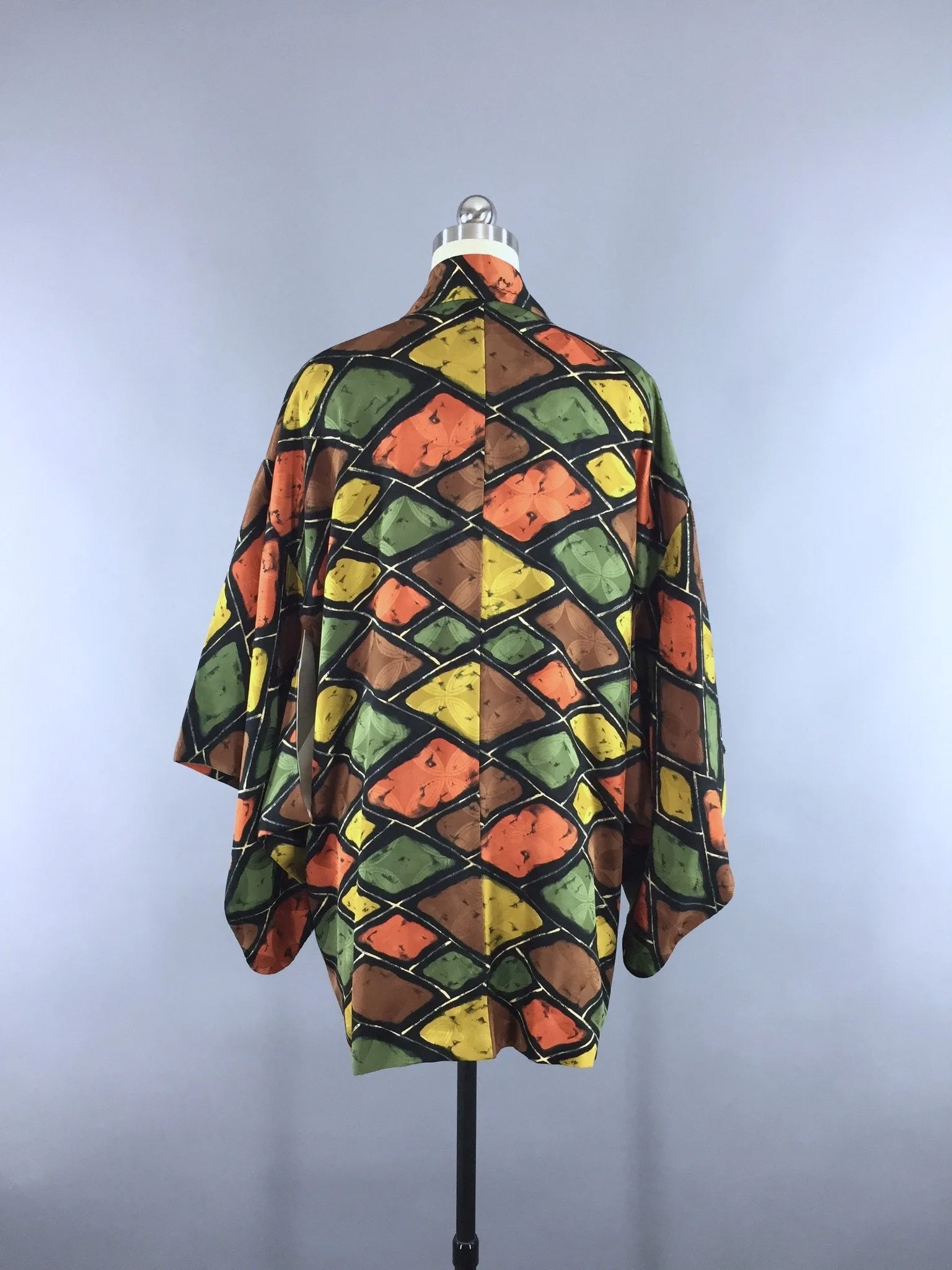 1950s Vintage Silk Kimono Jacket / Silk Haori Kimono Cardigan / Brown & Green Diamonds