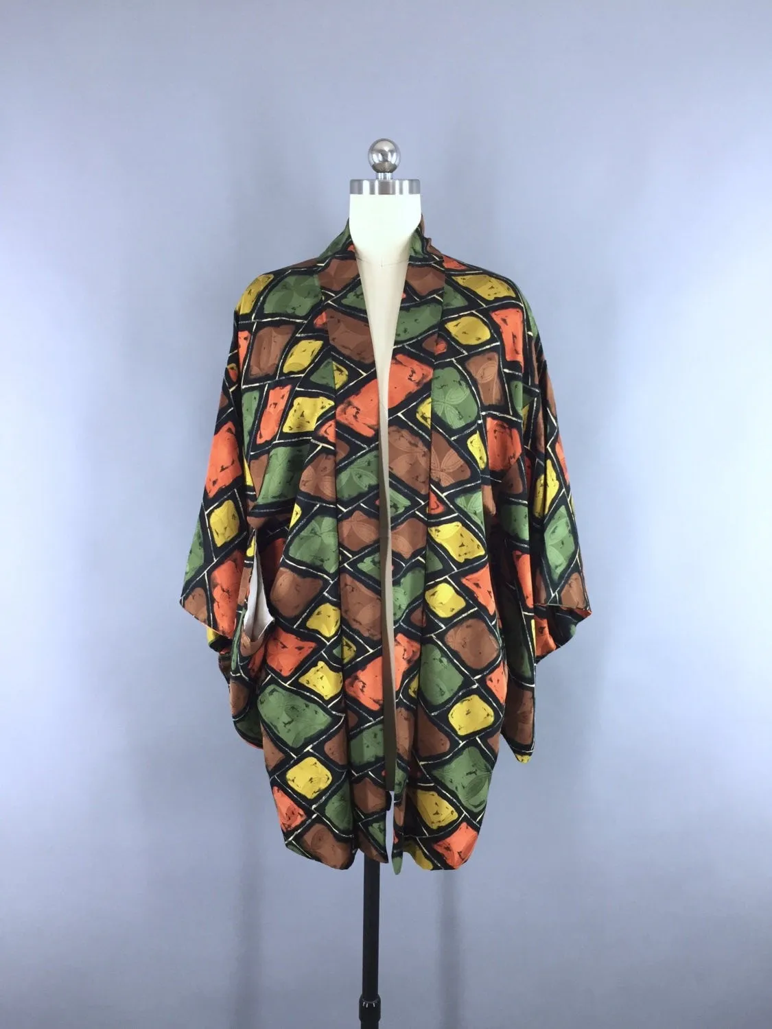 1950s Vintage Silk Kimono Jacket / Silk Haori Kimono Cardigan / Brown & Green Diamonds