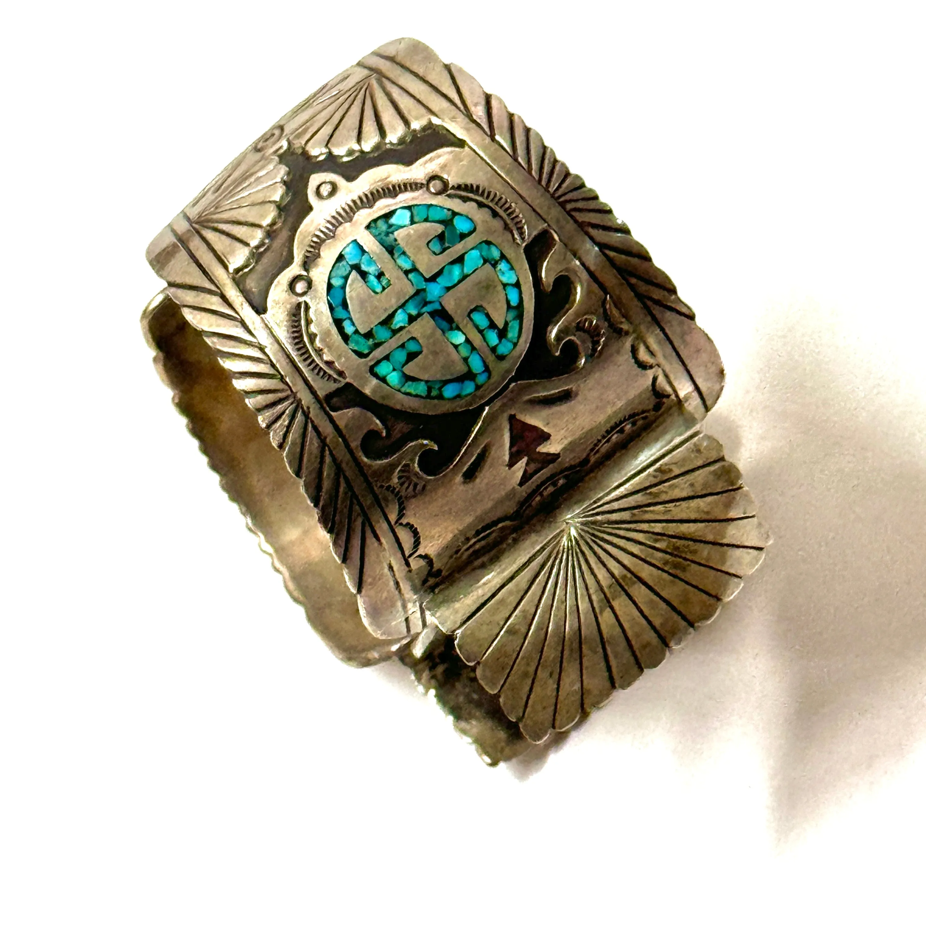 1960’S STERLING SILVER TURQUOISE INLAY WHIRLING LOG WATCH CUFF BRACELET