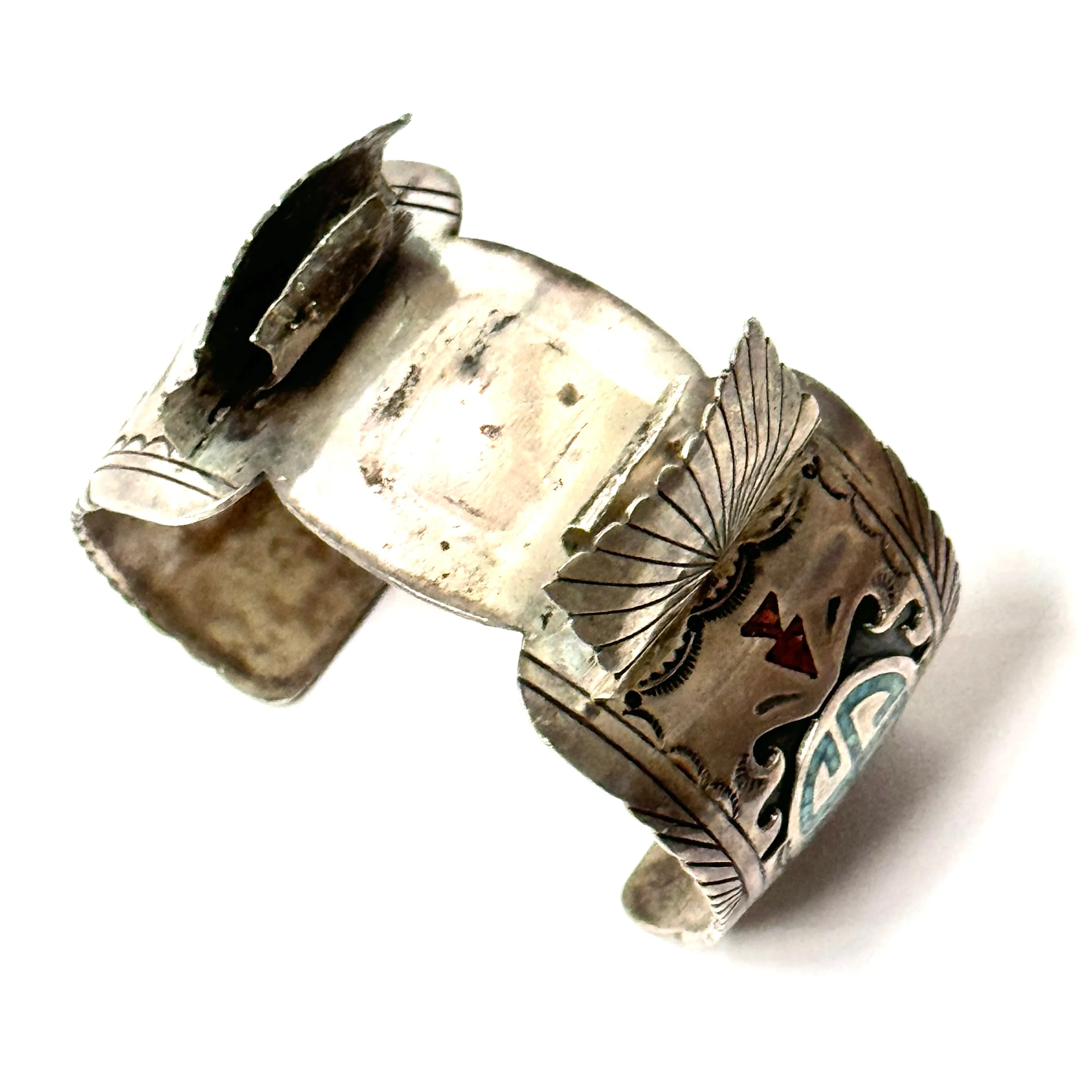 1960’S STERLING SILVER TURQUOISE INLAY WHIRLING LOG WATCH CUFF BRACELET