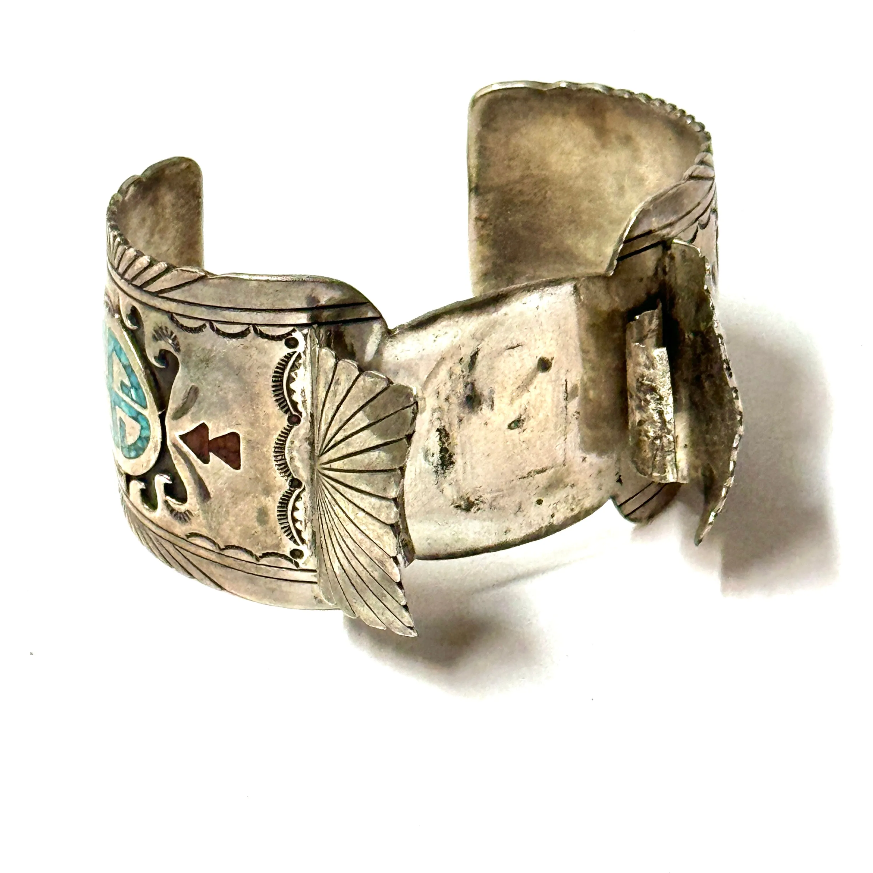 1960’S STERLING SILVER TURQUOISE INLAY WHIRLING LOG WATCH CUFF BRACELET