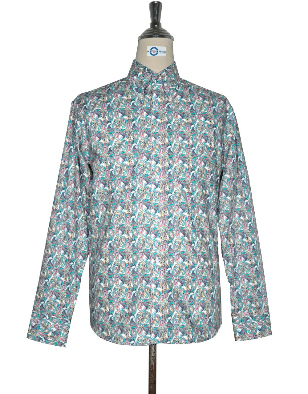 60s Style Light Sea Green and Orange Paisley Shirt