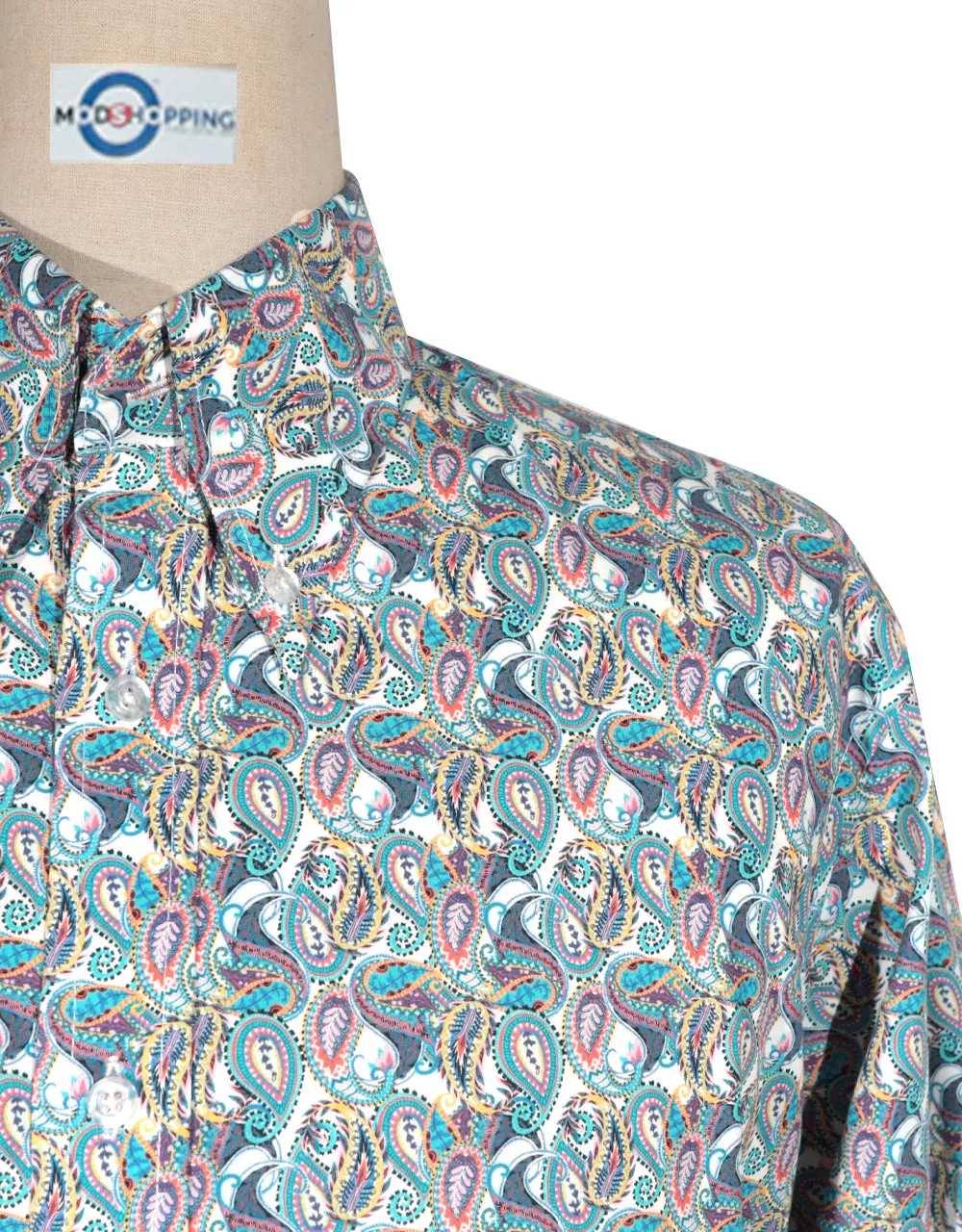 60s Style Light Sea Green and Orange Paisley Shirt