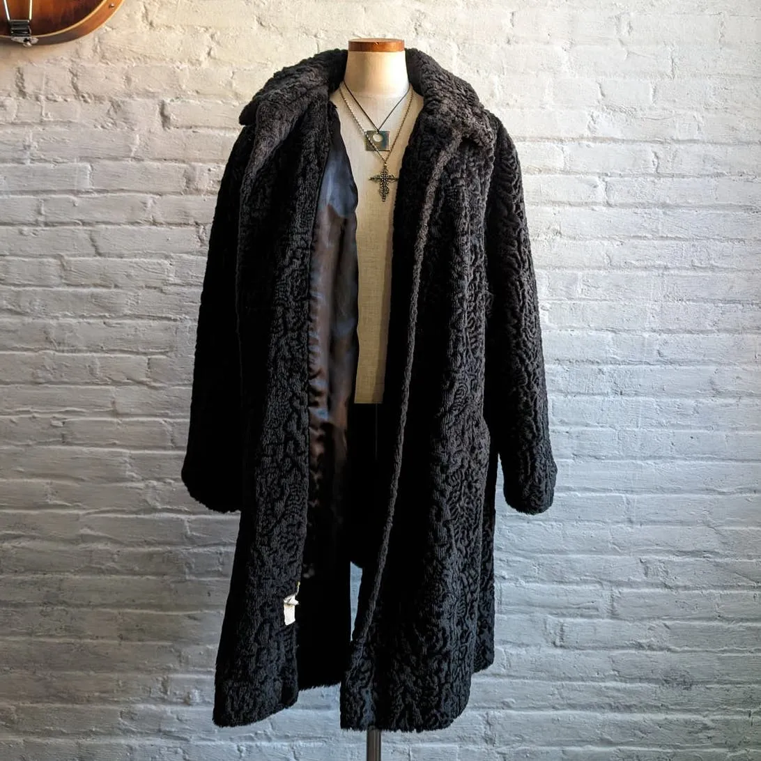 70s Vintage Vegan Afghan Velvet Faux Fur Coat Mob Wife Black Penny Lane Jacket