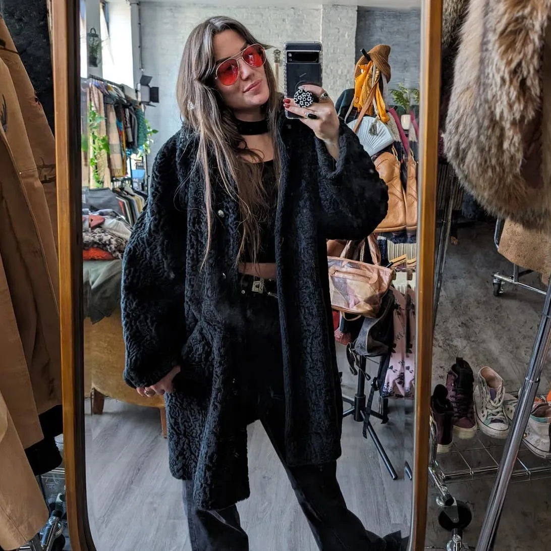 70s Vintage Vegan Afghan Velvet Faux Fur Coat Mob Wife Black Penny Lane Jacket