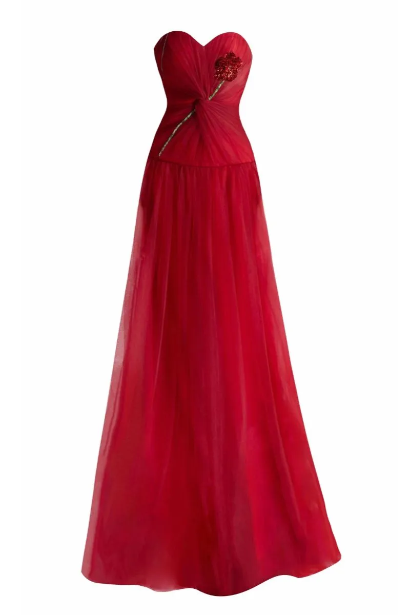 ALENA RED A-LINE SWEETHEART NECK MESH GOWN