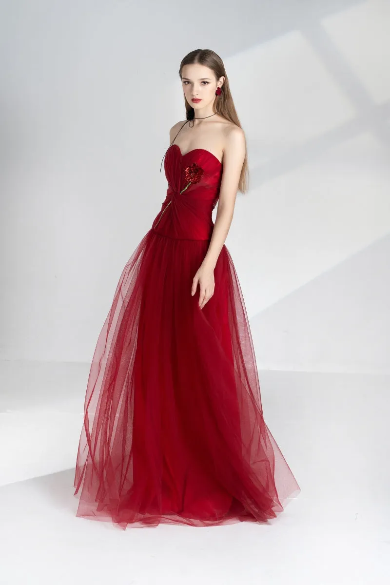 ALENA RED A-LINE SWEETHEART NECK MESH GOWN