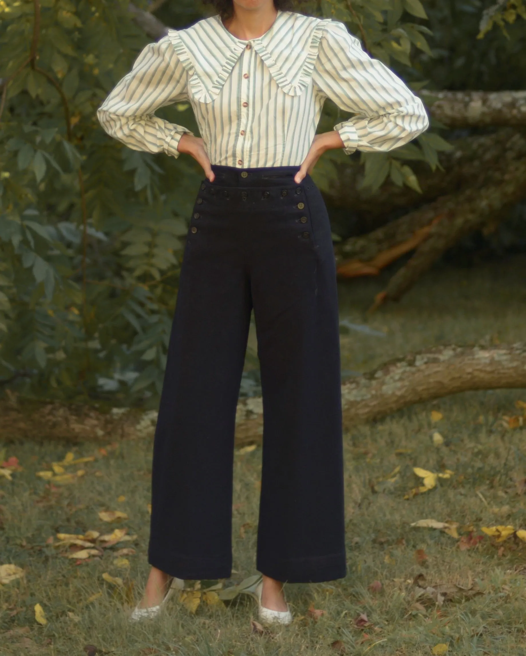 Antique wool naval high waist wide leg trousers, up to 30” waist