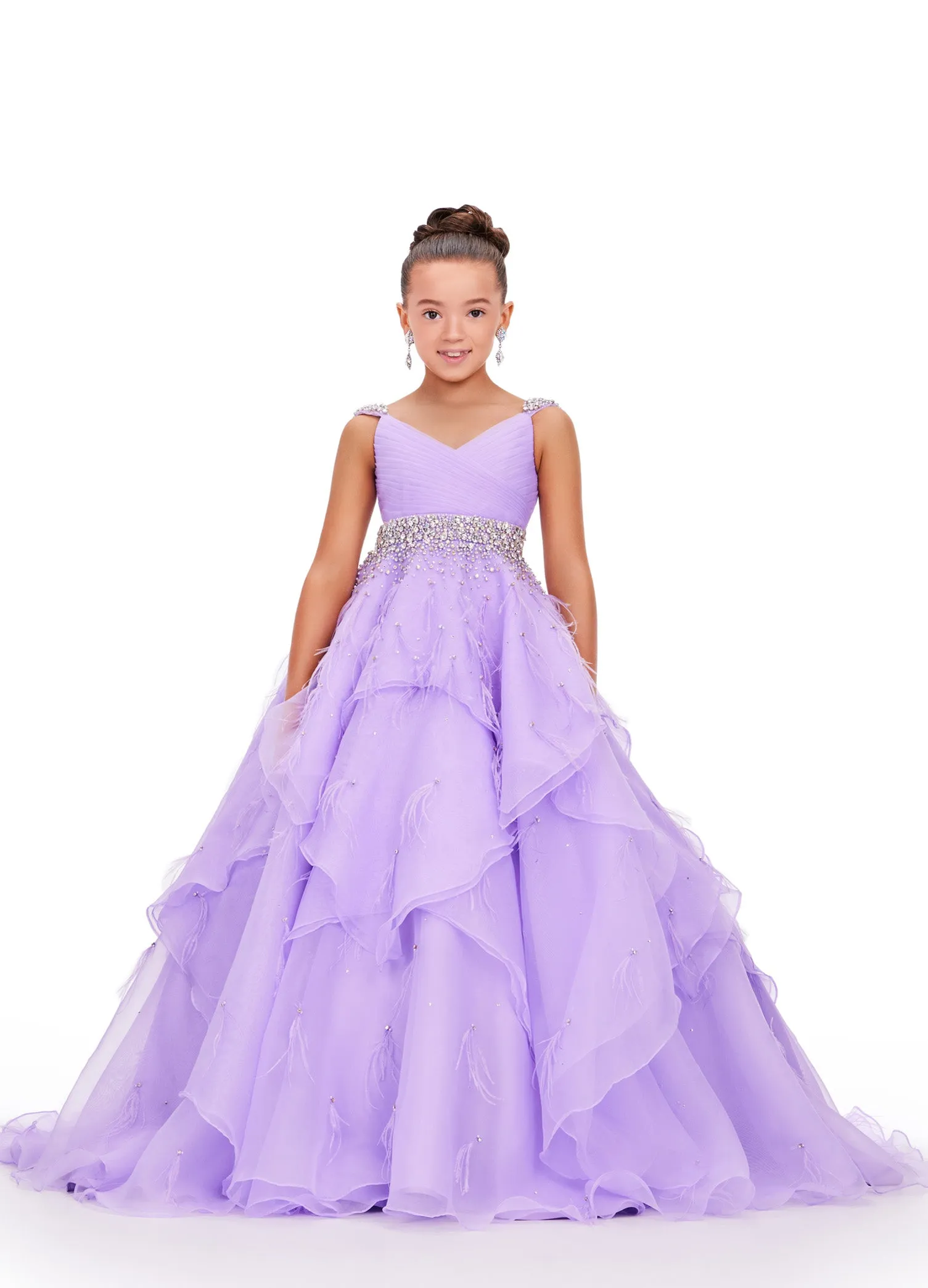 Ashley Lauren Kids 8219 Size 8 Black Ivory Girls Layered Feather Pageant Dress ballgown Embellished V Neck Gown