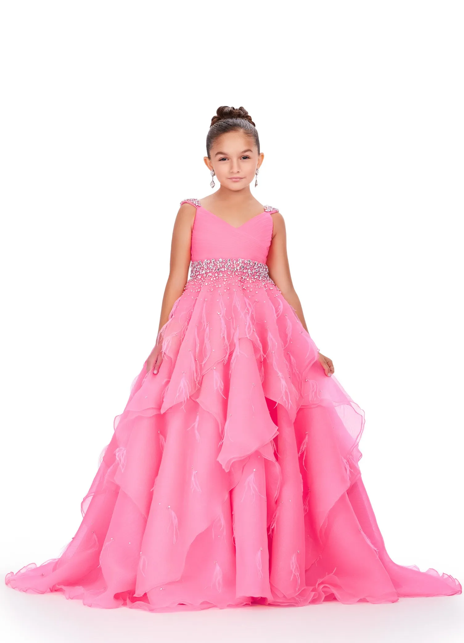 Ashley Lauren Kids 8219 Size 8 Black Ivory Girls Layered Feather Pageant Dress ballgown Embellished V Neck Gown