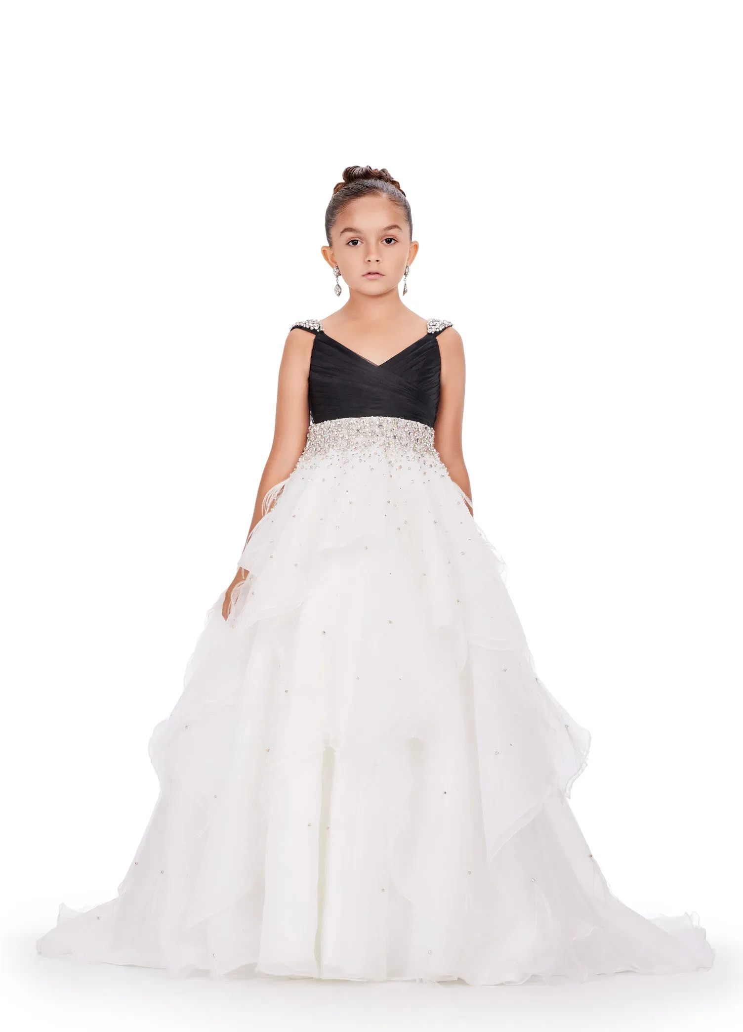 Ashley Lauren Kids 8219 Size 8 Black Ivory Girls Layered Feather Pageant Dress ballgown Embellished V Neck Gown