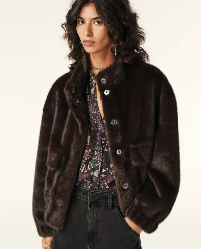 Ba&sh Paros Chocolate Brown Furry Coat