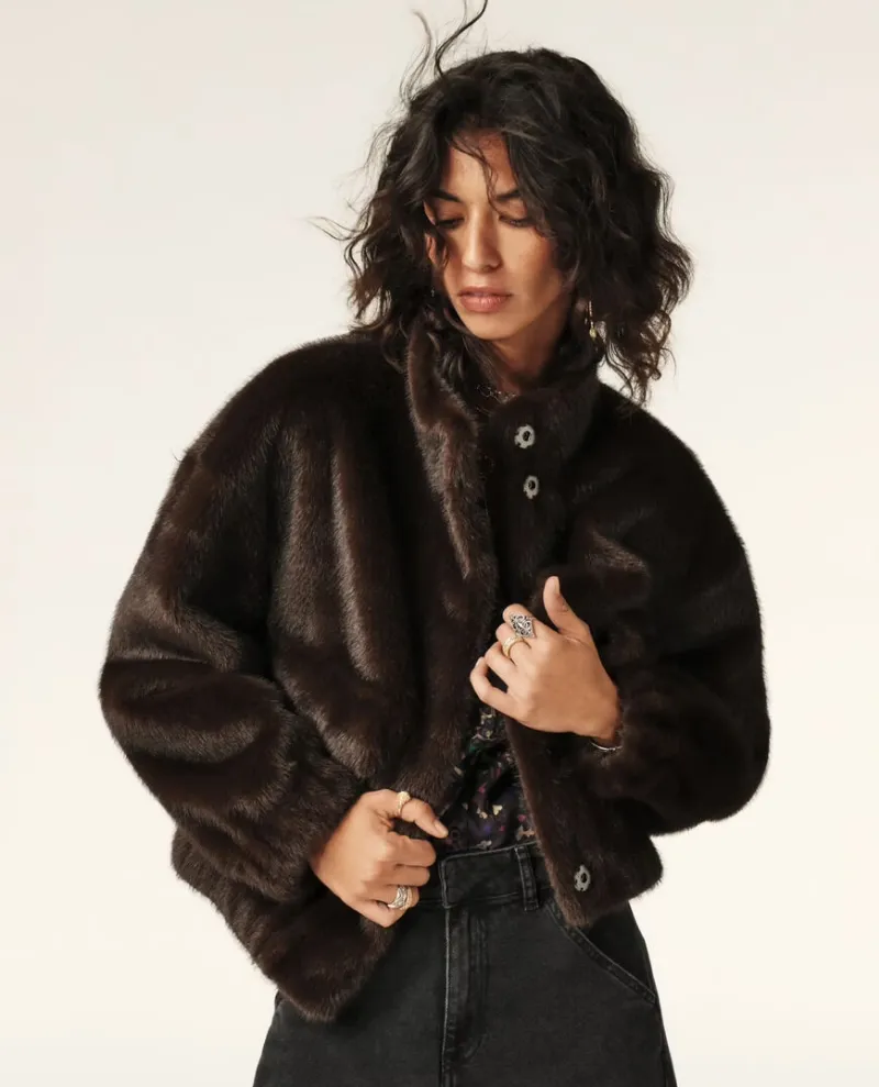 Ba&sh Paros Chocolate Brown Furry Coat