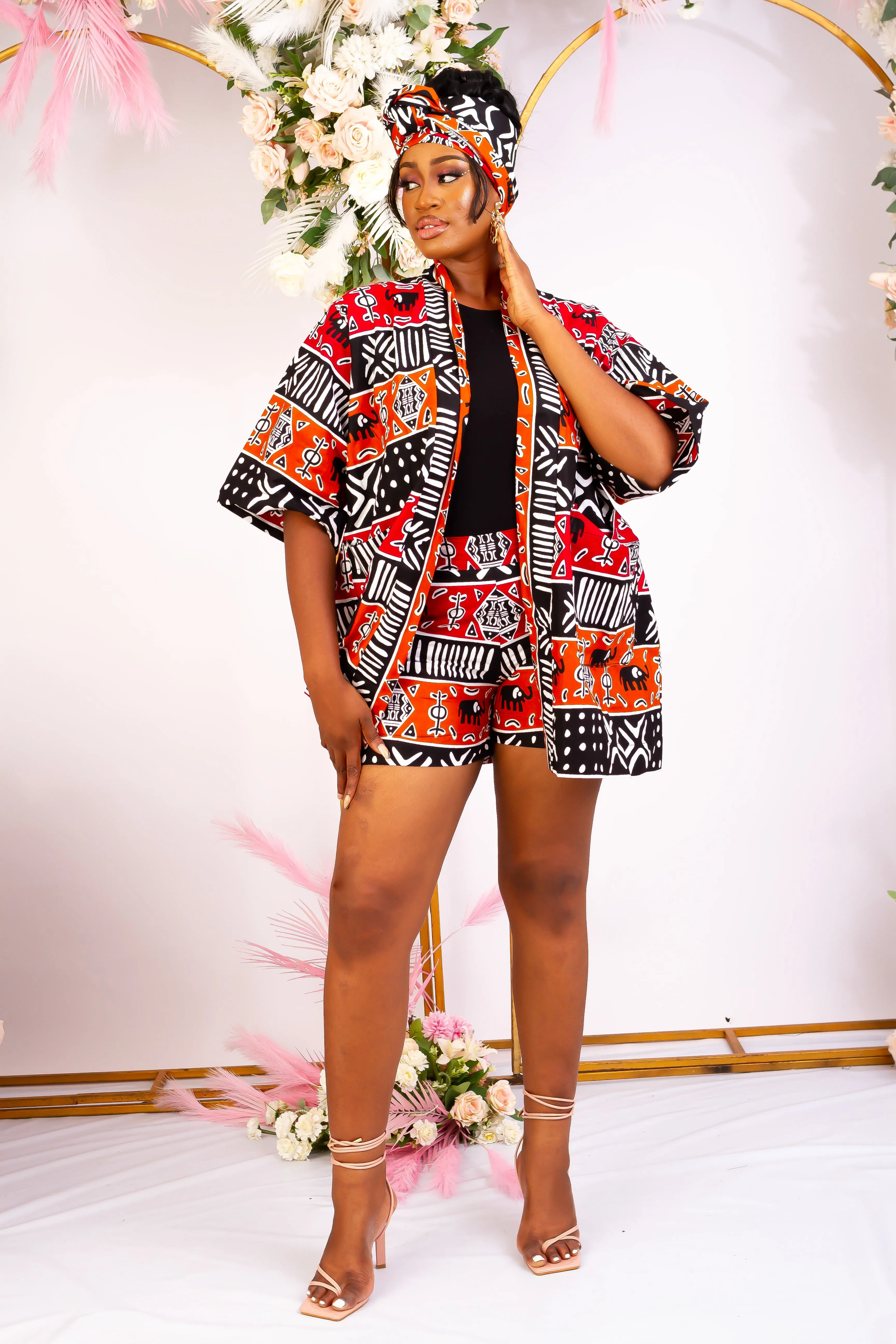 Back in Stock - 3pcs African Print Short Kimono Jacket, Shorts and Headwrap Set- Raluchi