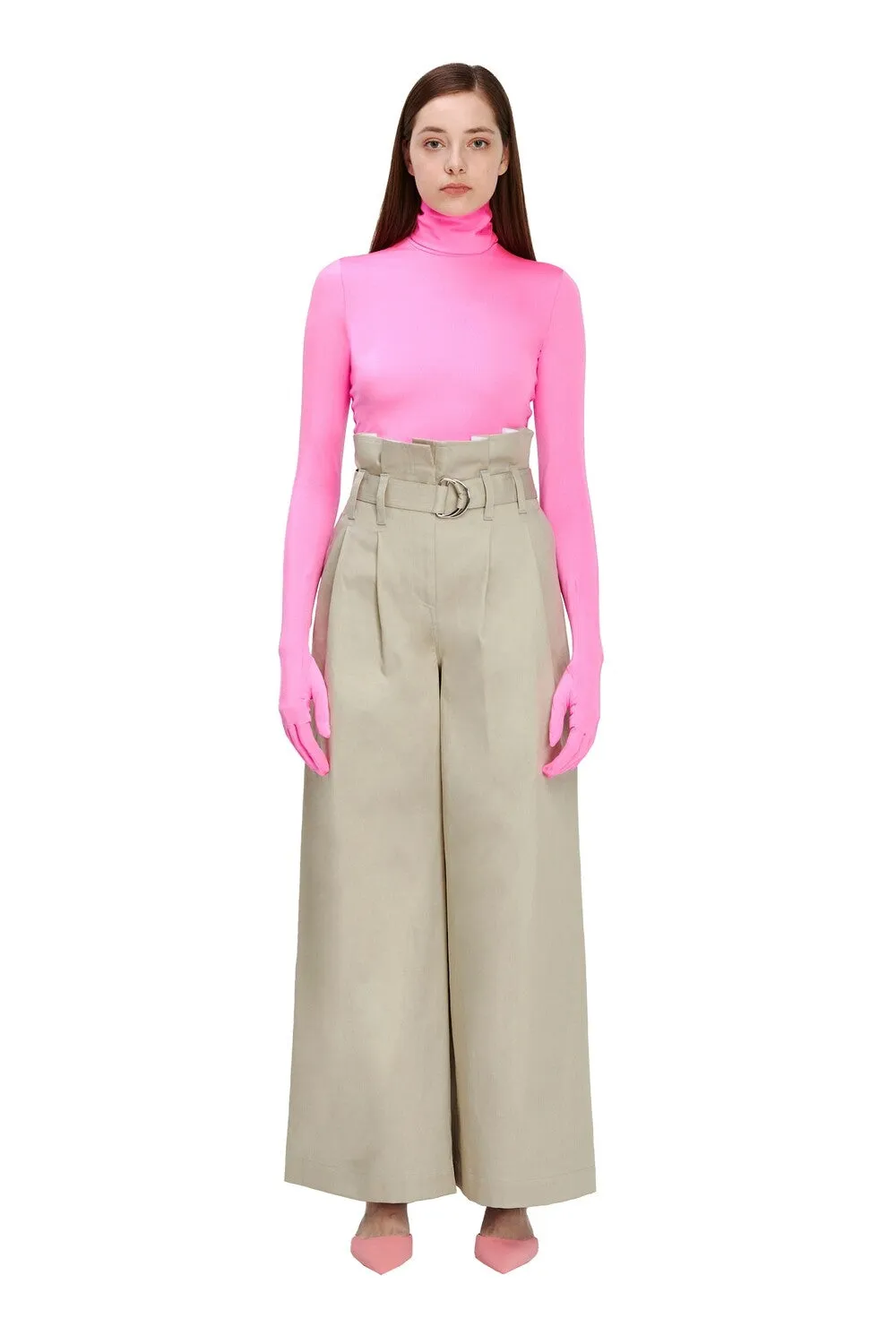 Beige Full Length High-Waist Loose Fit Wide Leg Belted Casual Women's Pants