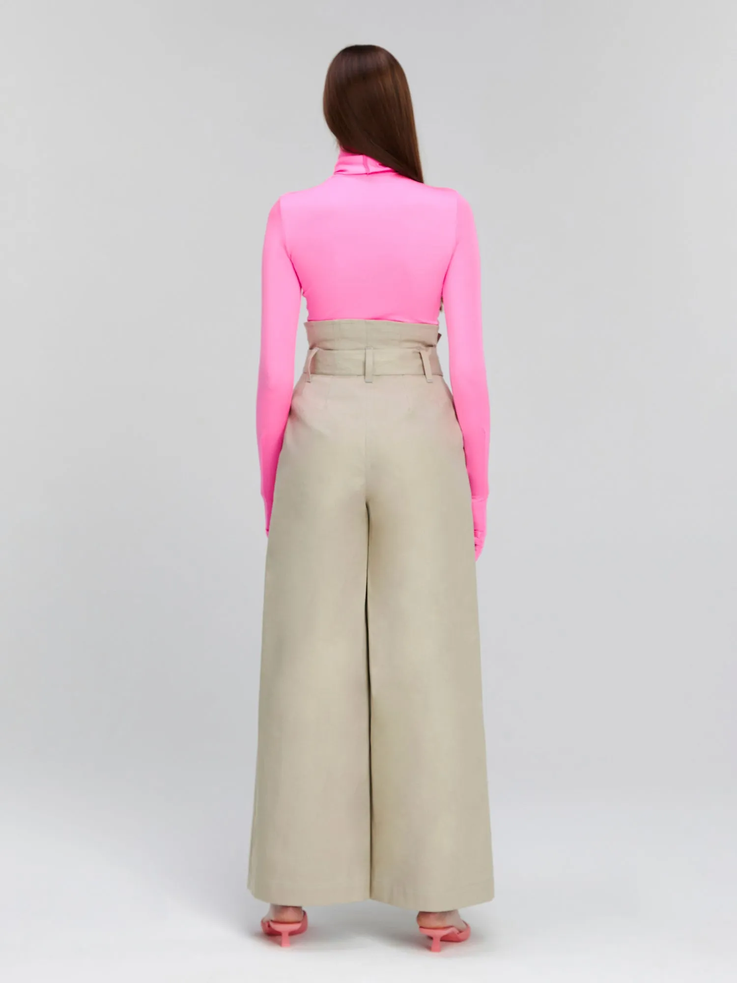 Beige Full Length High-Waist Loose Fit Wide Leg Belted Casual Women's Pants