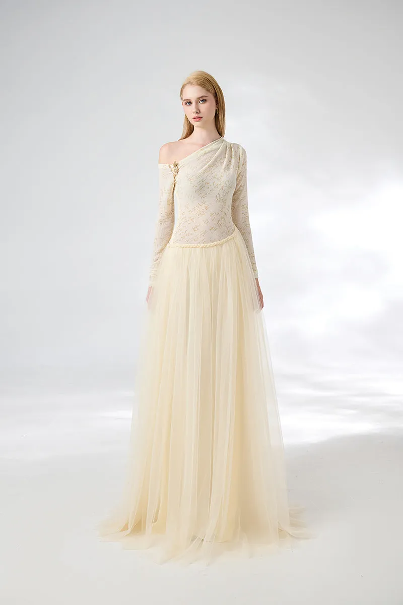 BEIGE SOFTEN FIT AND FLARE LAYERED FLOOR LENGTH GOWN