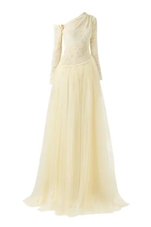 BEIGE SOFTEN FIT AND FLARE LAYERED FLOOR LENGTH GOWN