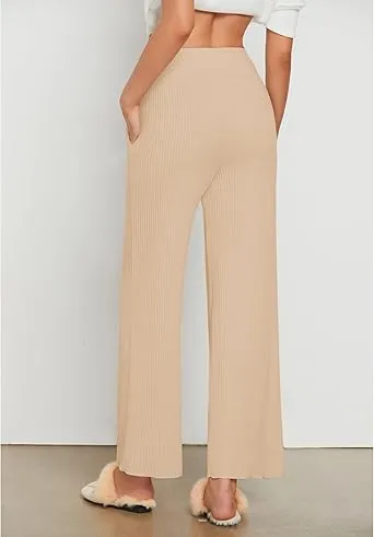 Beige Women's Ankle-Length High-Waist Pants Relaxed Fit Wide-Leg Pull-On Side Pocket