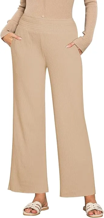 Beige Women's Ankle-Length High-Waist Pants Relaxed Fit Wide-Leg Pull-On Side Pocket