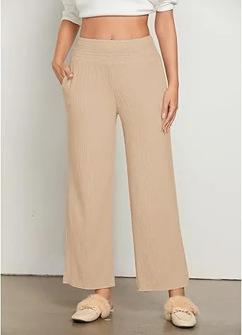 Beige Women's Ankle-Length High-Waist Pants Relaxed Fit Wide-Leg Pull-On Side Pocket