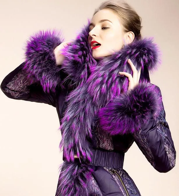 Belted Fur-Trimmed Down Coat in Purple