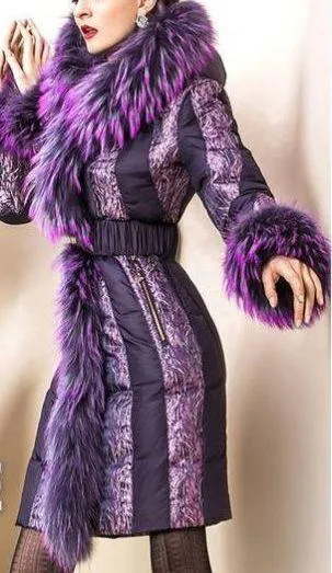 Belted Fur-Trimmed Down Coat in Purple