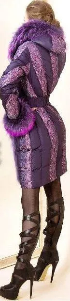 Belted Fur-Trimmed Down Coat in Purple