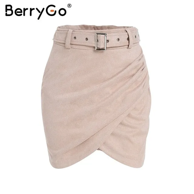 BerryGo High waist belt suede leather skirt female Autumn winter irregular bodycon mini skirt Sexy streetwear women skirt bottom