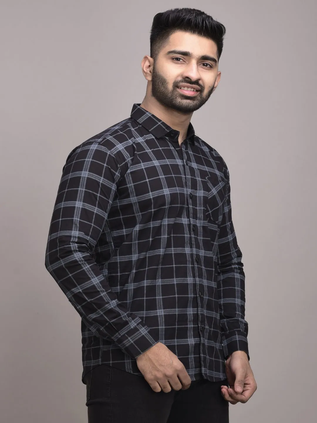 Black Checkered Pure Cotton Formal Shirt