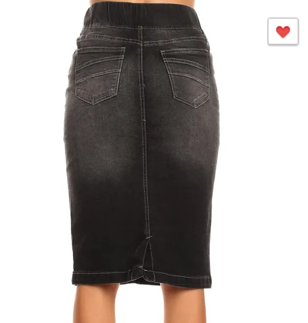 Black Denim Midi Skirt - Elastic Waistband (XS-XL)