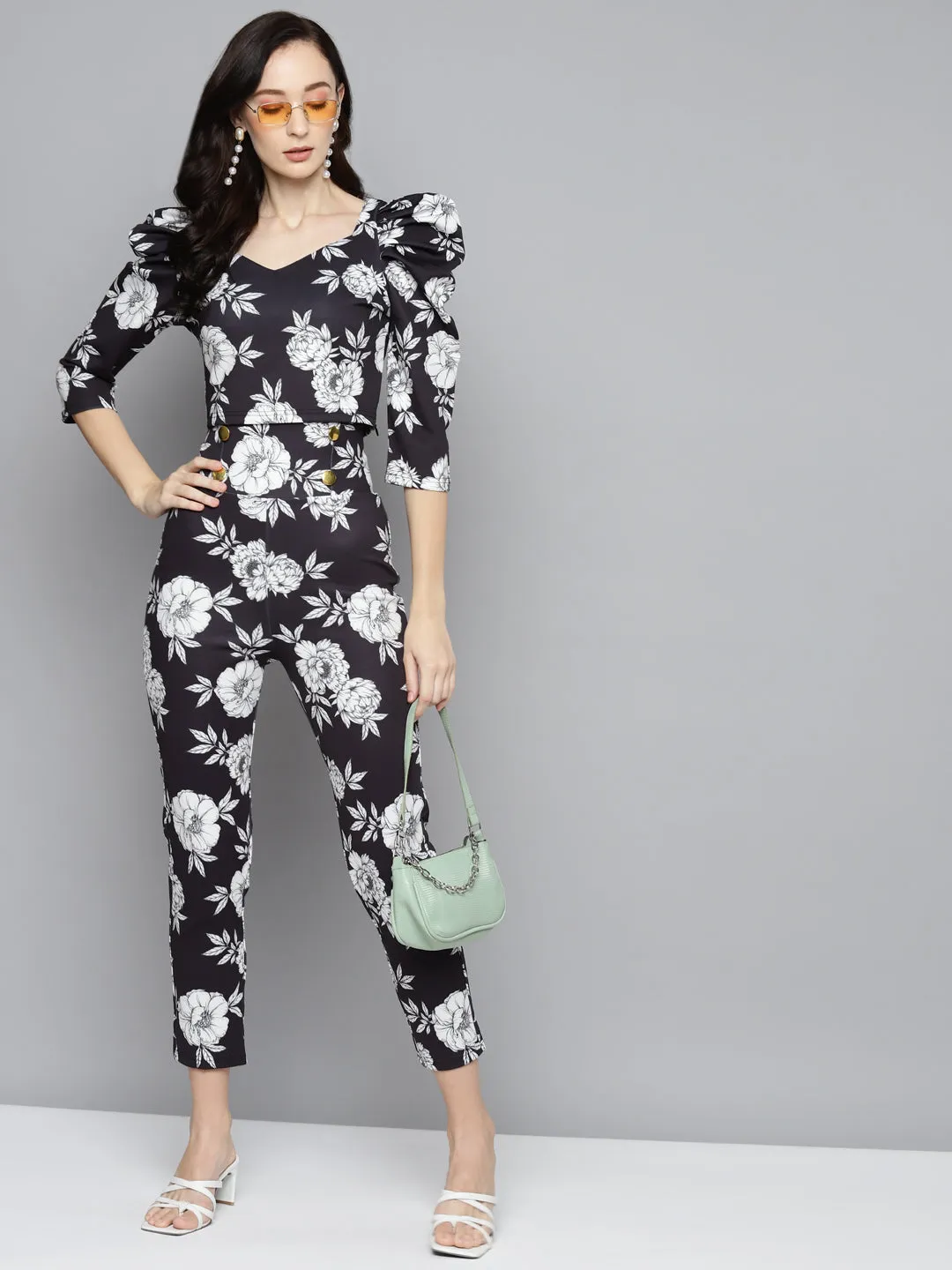 Black Floral Scuba Front Button High Waist Pants