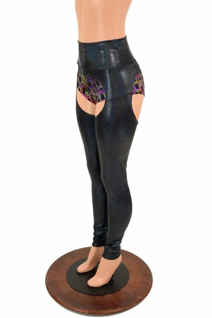 Black Holographic High Waist Chaps  (shorts not included)