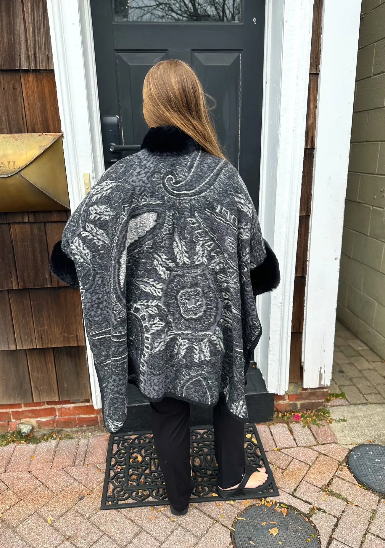 Black Paisley Wrap with Faux Fur Trim