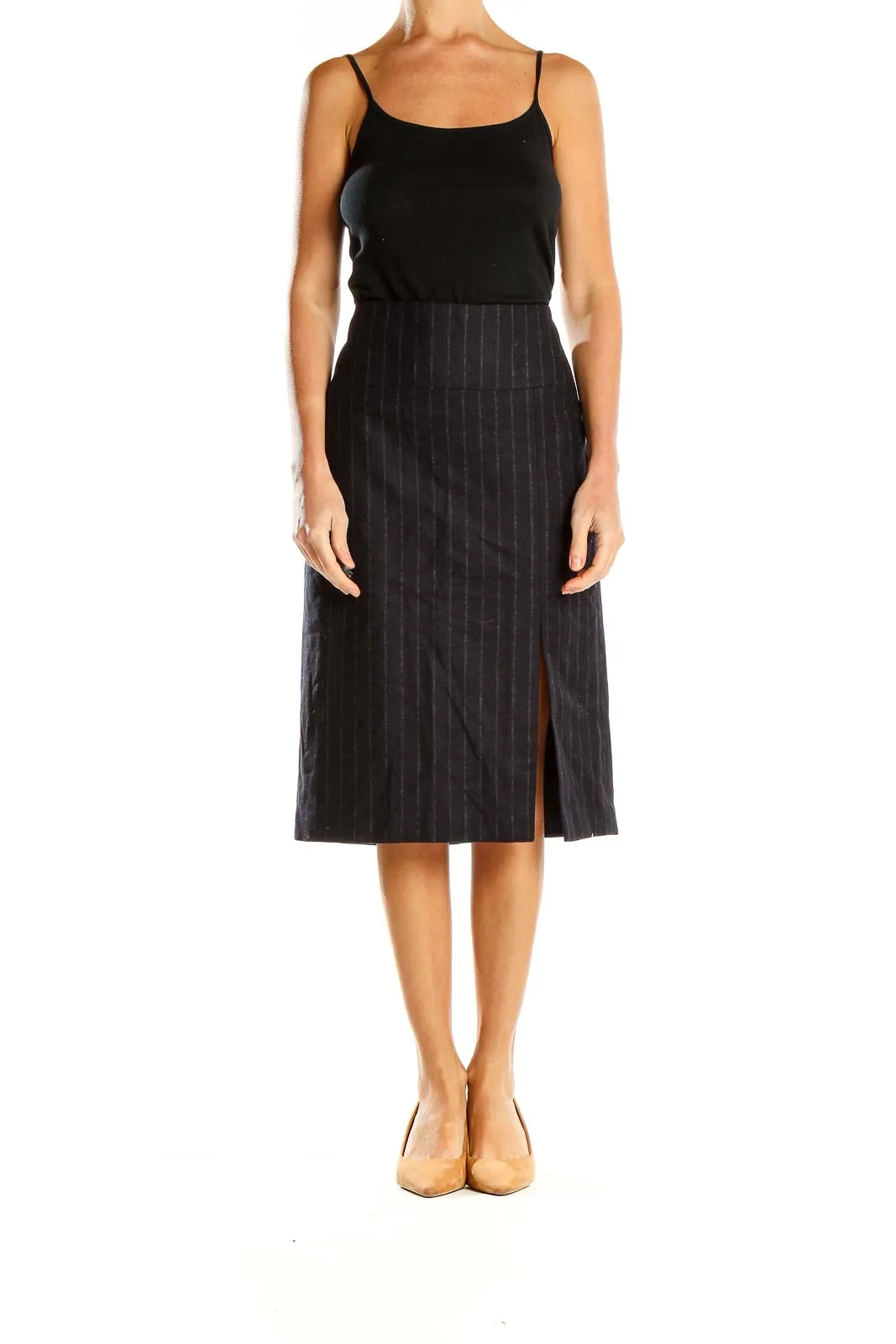 Black Pinstripe Midi Pencil Skirt