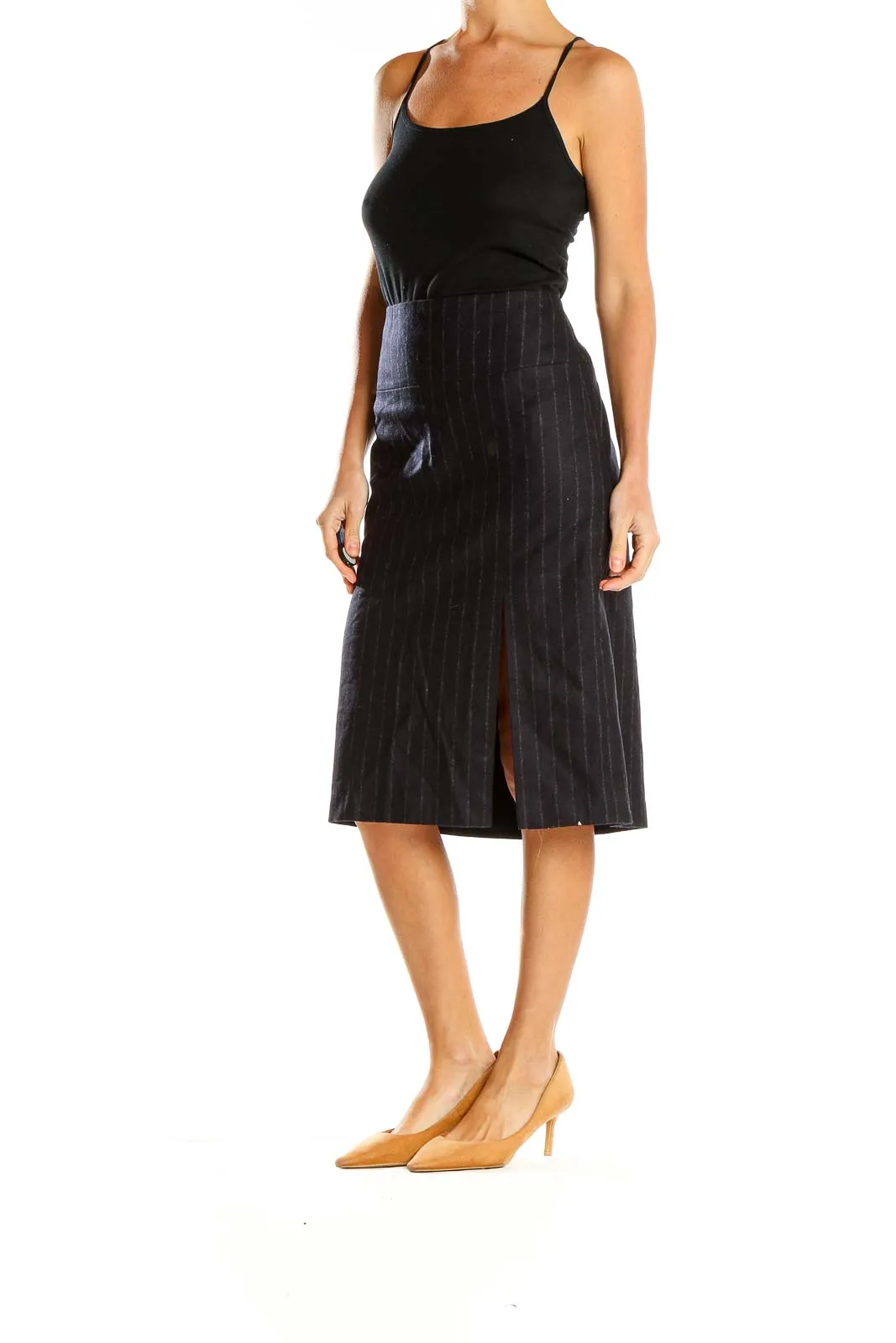 Black Pinstripe Midi Pencil Skirt