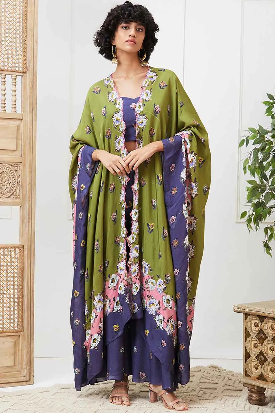 Blue & Green Tasnim Printed Co-Ord Set with Kimono Jacket