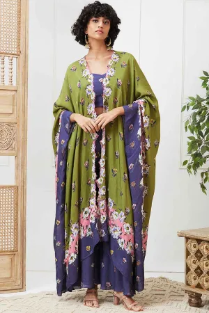 Blue & Green Tasnim Printed Co-Ord Set with Kimono Jacket