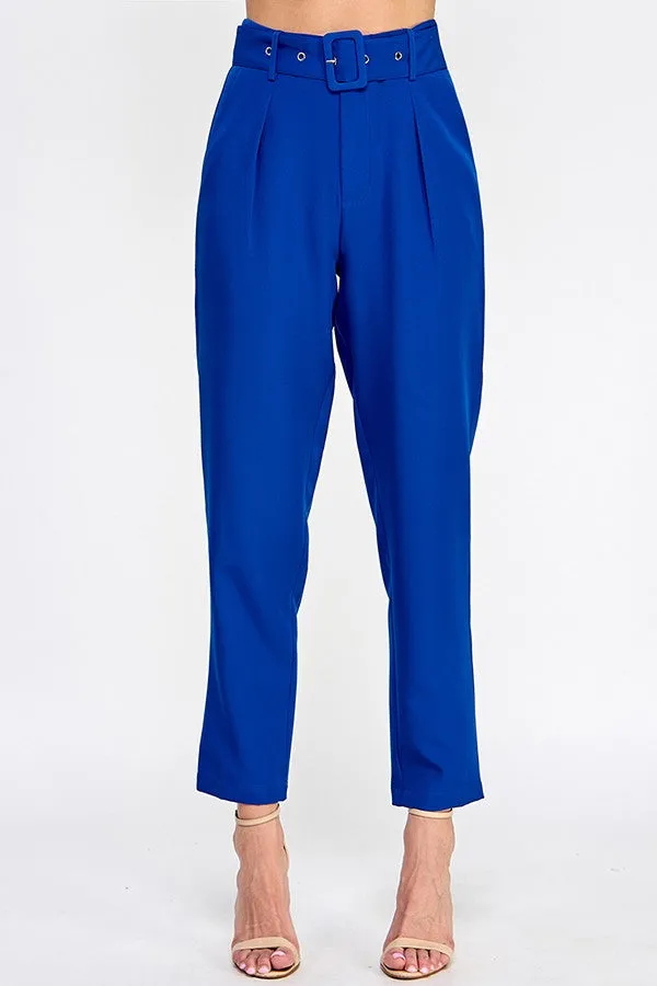 Blue High Waist Pants With Belt Detail