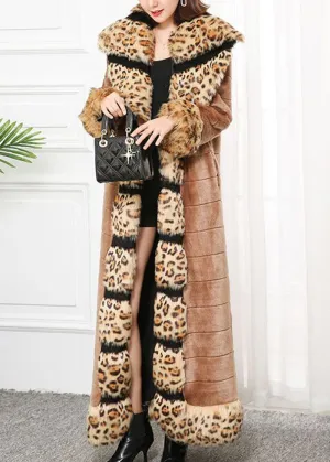 Bohemian Khaki Fox Collar Patchwork Leopard Faux Fur Coat Winter LY9463