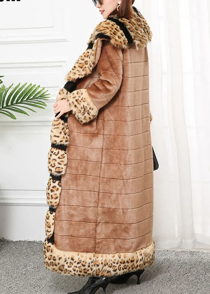 Bohemian Khaki Fox Collar Patchwork Leopard Faux Fur Coat Winter LY9463