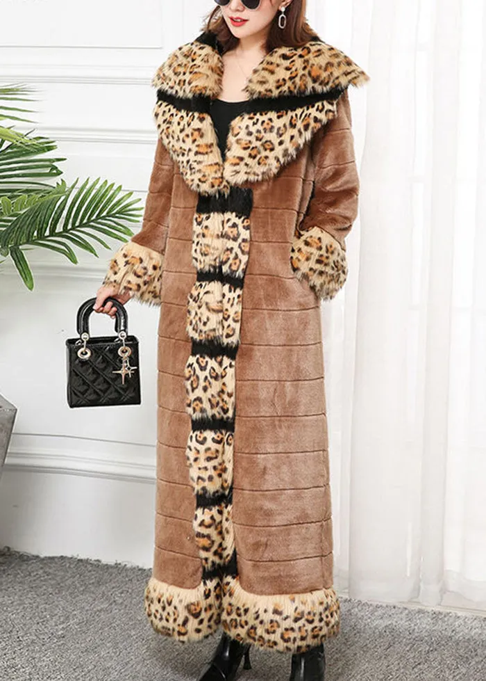 Bohemian Khaki Fox Collar Patchwork Leopard Faux Fur Coat Winter LY9463