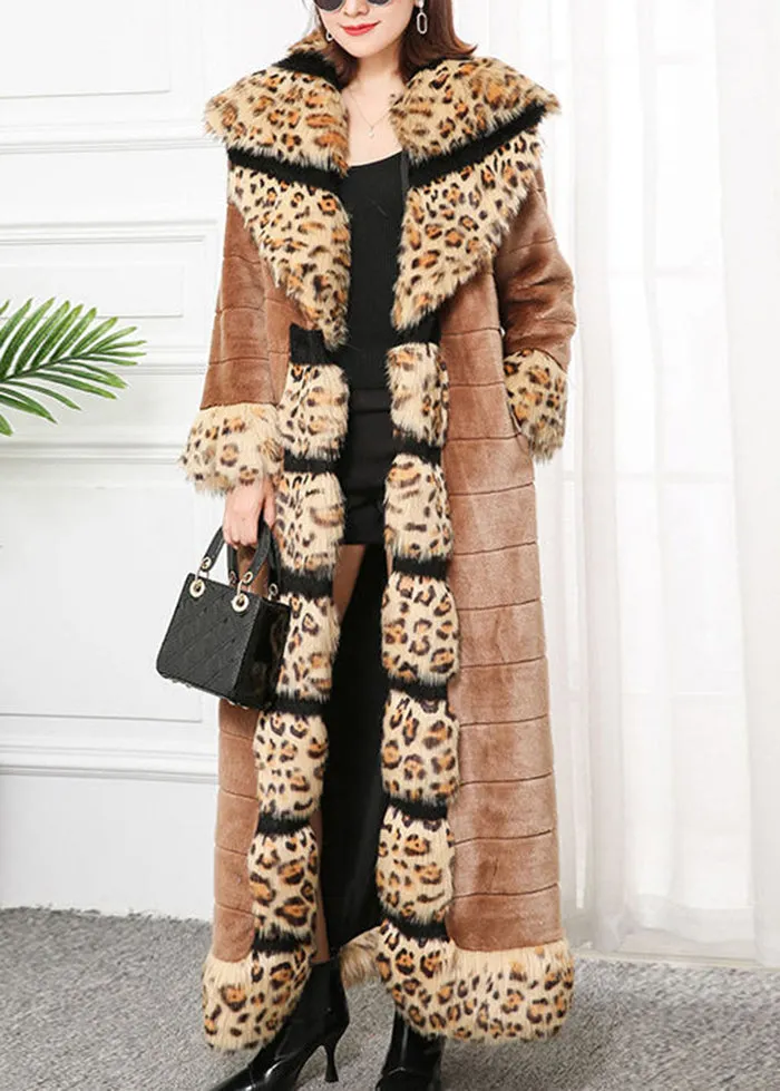 Bohemian Khaki Fox Collar Patchwork Leopard Faux Fur Coat Winter LY9463