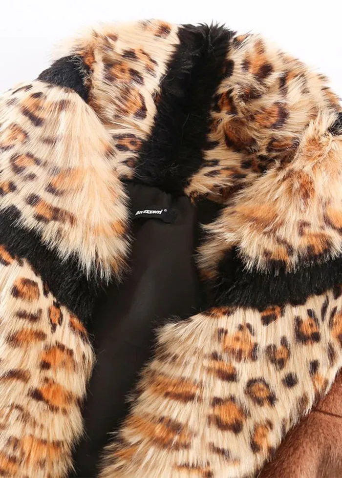 Bohemian Khaki Fox Collar Patchwork Leopard Faux Fur Coat Winter LY9463