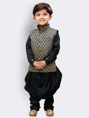 Boys' Black Cotton Kurta, Waistcoat and Pyjama Set