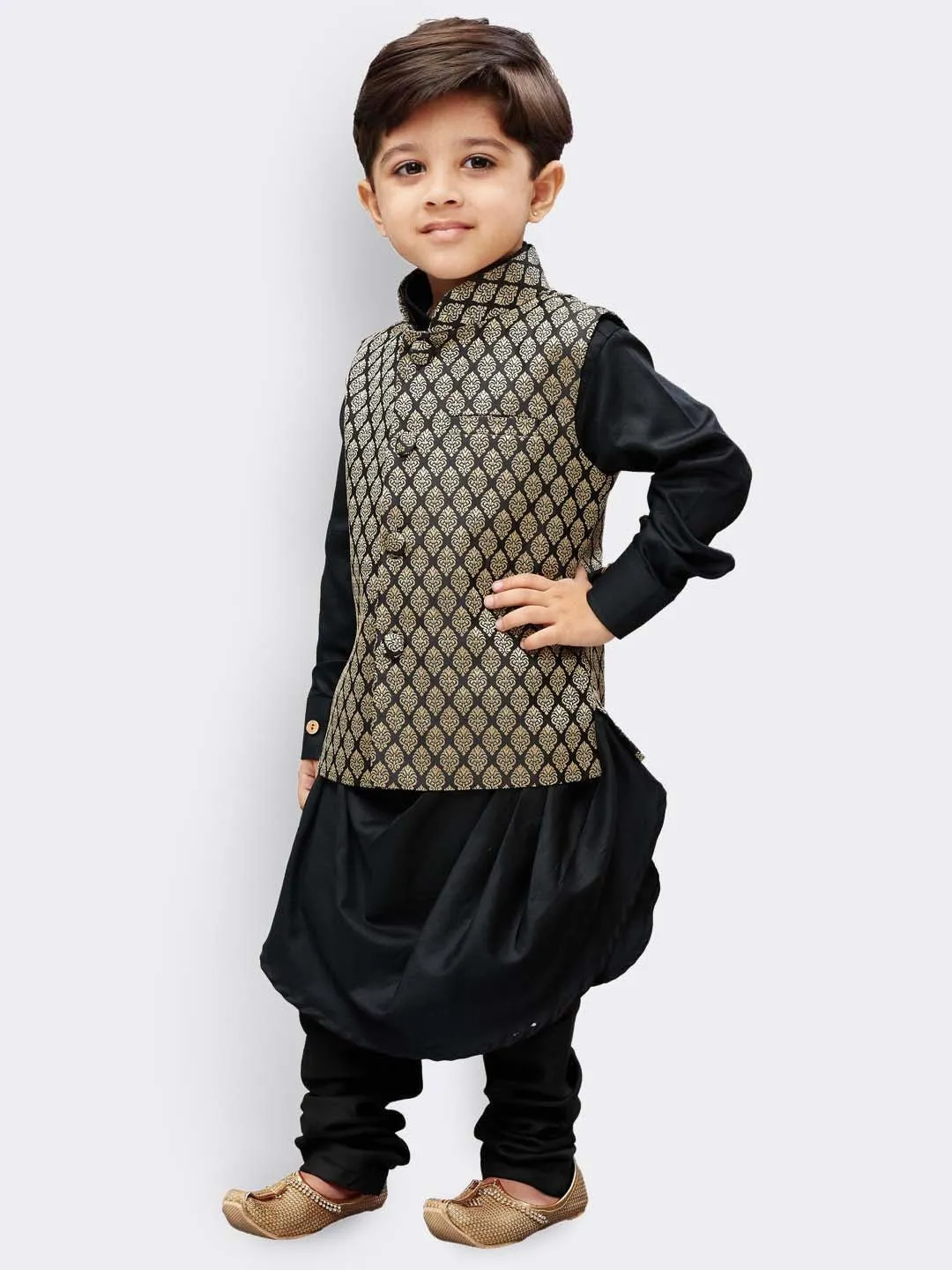 Boys' Black Cotton Kurta, Waistcoat and Pyjama Set