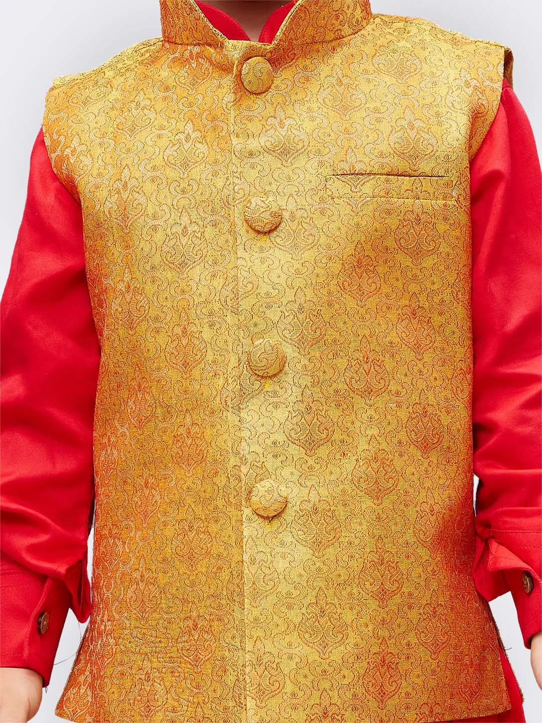 Boys' Red Cotton Kurta, Waistcoat and Pyjama Set