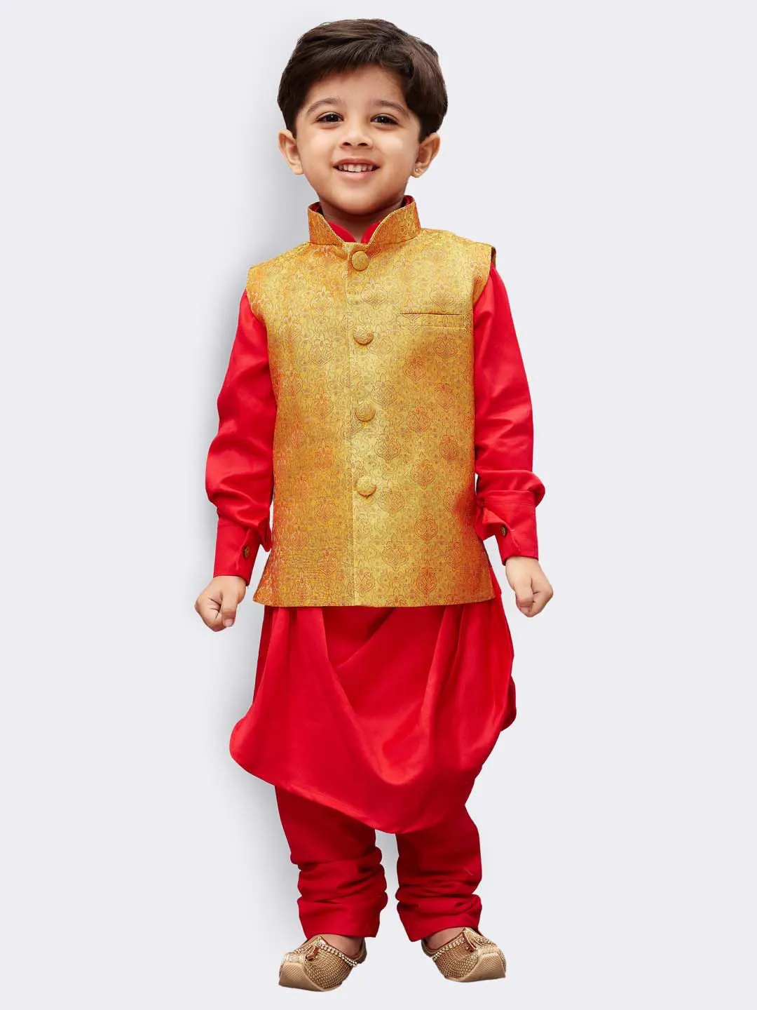 Boys' Red Cotton Kurta, Waistcoat and Pyjama Set