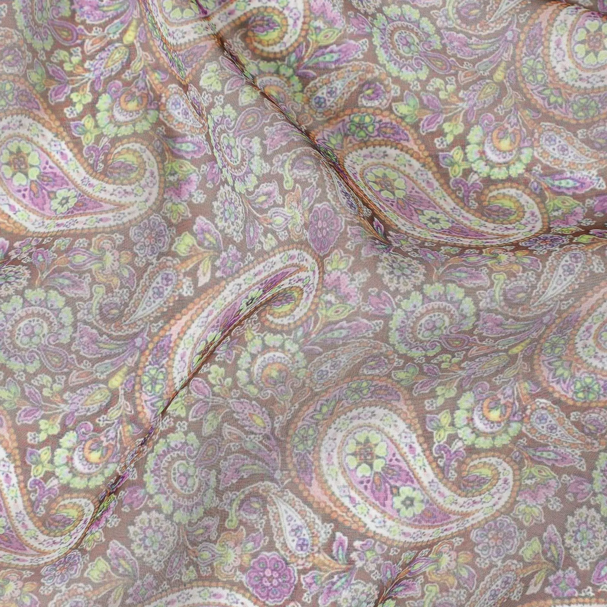 Brown synthetic chiffon fabric with multicolor print in paisley design-D11023