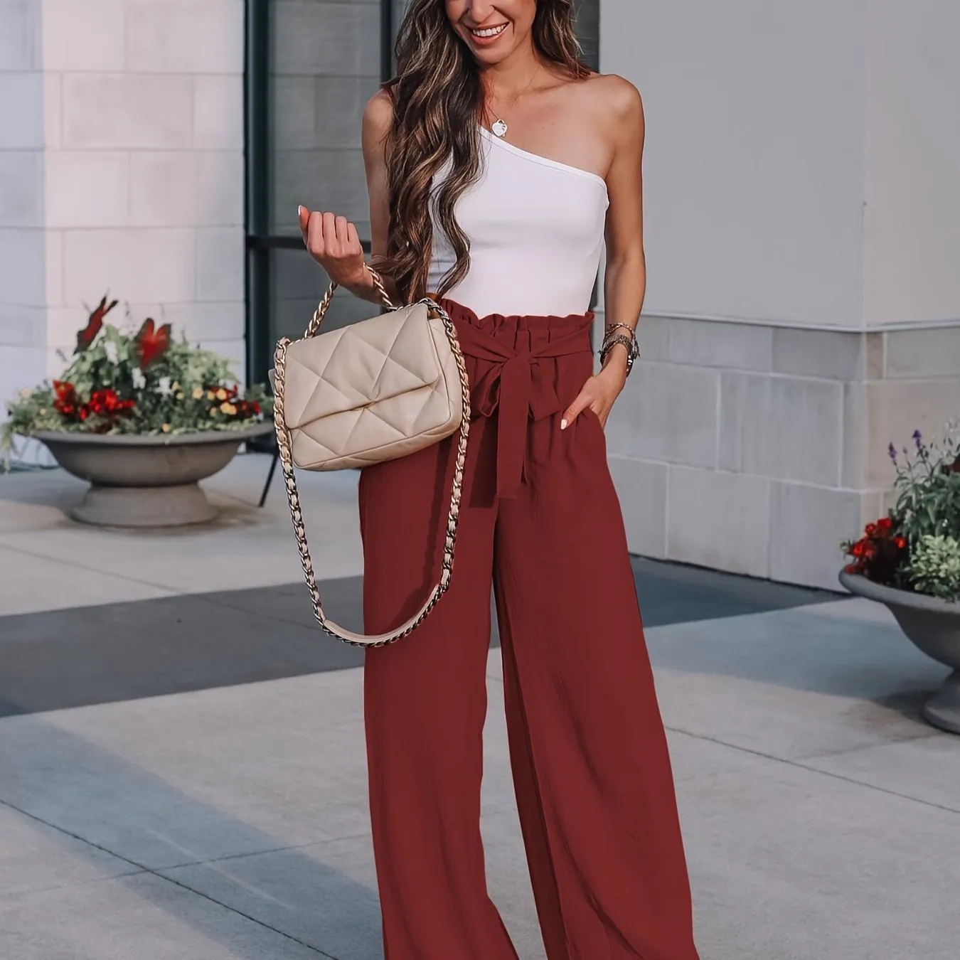 Casual Loose Lace Up Solid High Waist Fashion Wide Leg Pants